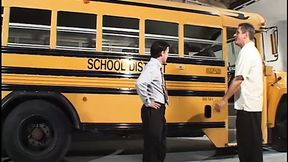 Two dudes bang a pierced blonde in pigtails on a school bus in a garage