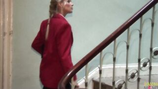 2 butlers start an anal three-way with their blonde cougar boss into which they double penetration and cumshot her