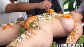 Slutty kitchen cuties serve saucy sex alongside sizzling sushi, sinful suckling, and seductive spooning - Suki & Emeral