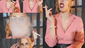 Secretary blows smoke in your face - 100s cigarette