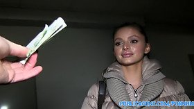 Watch this busty blonde babe give a sloppy blowjob in public for cash