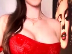 Busty curly brunette with big boobs fucks on couch
