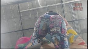 GIantess Layla climbs in Dr Who leggings