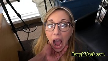 Tiny teen is getting fucked by a big black dick at this fake interview.