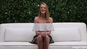 Skinny Emma with tan lines shows her slutty side on a porn casting
