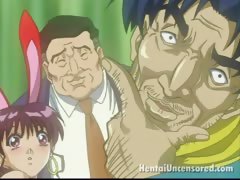 Sexual hentai girls touching a fatty dudes body with lust