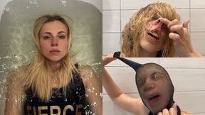 Helga pinches her nose and washes her hair