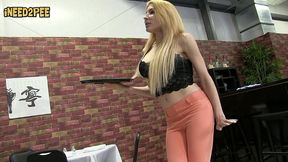 desperate to pee waitress wets her pants