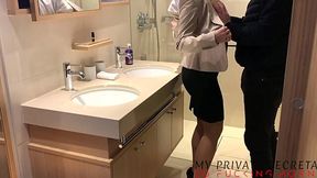 Boss Bangs Secretary in Restroom, Her Tight Dress & Stockings a Hot Mess