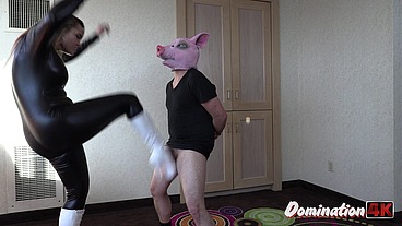 DOMINATION 4K Natalya Vega gives her pig boss a hard balls busting punishment