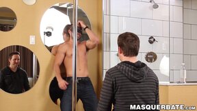 Bearded Alexandre dances on a pole before stroking his big dick