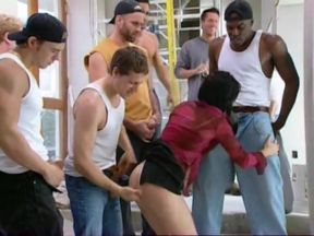 Petite brunette in hardcore gang-bang orgy sex