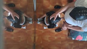 milf in sexy clothes, stockings and high heels fucked in the mouth and doggy style with repeated orgasms