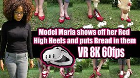 VR 8K 60fps | Model Maria shows off her red high heels and puts bread in them Then she puts her high heels back on barefoot and crushes the bread