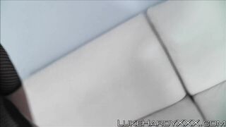 Tattooed amateur sucks and rides a fat cock POV on the couch