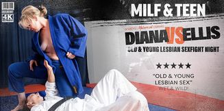57 year old MILF Diana gets wet with 26 year old Ellis in this old & young lesbian sexfight match