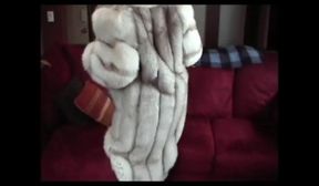 hot amateur blonde MILF in a fur coat teasing