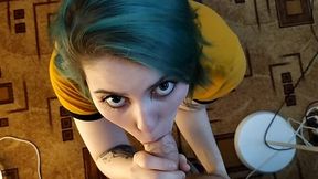 Attractive teenage girl with dyed hair sucks and swallows cum in POV