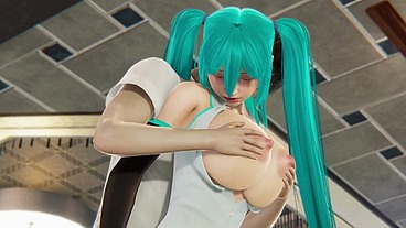 Miku gets her boobs massaged, her ass licking and a big dildo in her pussy.