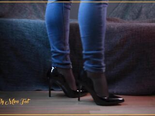 FULL MOVIE SCENE Curvy Teen in Jeans Nylons and Shiny High Heels. Cum on my Feet. Foot Fetish Ely Mira