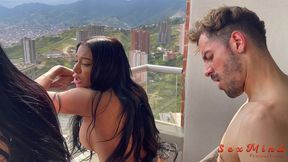 yenifer chacon and a delicious venezuelan brunette girl with big tits having hardcore sex with their coach on a balcony