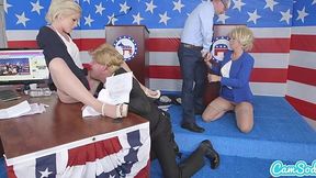 Cowgirl Hillary and Donald Cumshot on Bernie and Megyn in Presidential Freak Show