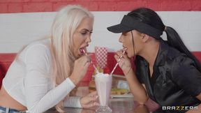 Cock-craving sluts with big tits getting fucked in a cafe