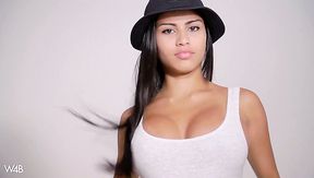 Stunning buxom beauty Denisse Gomez stripteases a bit before playing with cunt
