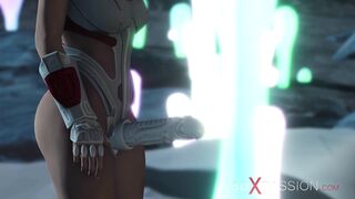 Hot sex on th exoplanet! An alien gets fucked by a spacewoman in spacesuit with strapon