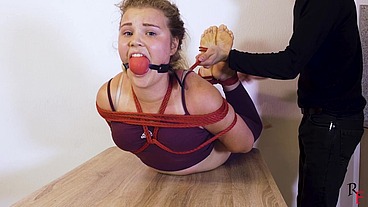 Barefoot Vanda first time hogtied and ballgagged