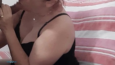 Very hot step mom hit on her son's best friend, the boy couldn't resist the naughty girl showing off to him and ended up having sex with her in the kitchen.