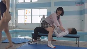 Plump Asian Babe's Massive Melons Struggle in Tight Swimsuit