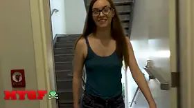 My girlfriend - nerdy babe Tali Dova shows off her Hairy Pussy and drinks jizz in her steamy motel debut