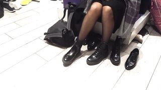 pantyhosed wifey shoe shopping Bombshell foot tries new boots