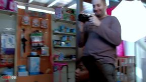 gorgeous black babe with perfect body double penetrated in her store