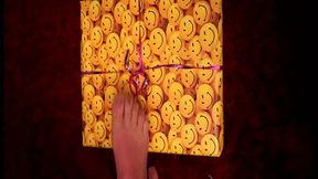 Unwrapping gift and solve a puzzle in 5 toe nylons