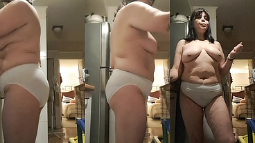 Stepmom cooling off in the kitchen with
