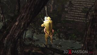 Three-Way with a stunning Goddess fairy and 2 orcs inside the night forest