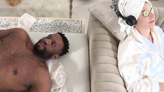 Big clitoris masseuse with gigantic hooters fucks fiances cheating african hubby right inside front of her