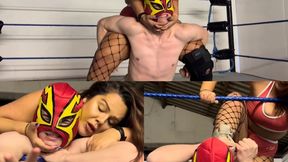 male jobber dominated with scissor holds, low blows and submission