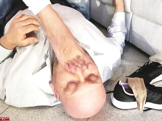 The Cuckold Sniffs Perspired Socks and Perspired Feet And His Wife Kisses Her Lover. Foot Domination
