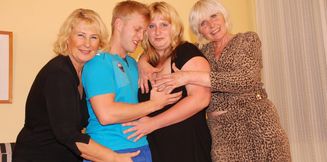Two horny grannies and a curvy mom fuck a toyboy in hot groupsex party