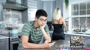 Step-nephew gets serviced by aunt, premature ejaculation ensues, thick thighs on display