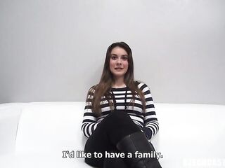 Ambitious Czech brunette hair with large breasts is about to get screwed during a porn movie scene casting