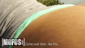 Old dude stumbles upon Jenna Lovely, a blonde nympho, who exposes her massive melons to a gawking stranger