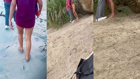 belinha dando na praia movimentada dentro da gruta
