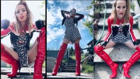 Chain Smoking marlboro red outside in Boots and Leather jacket