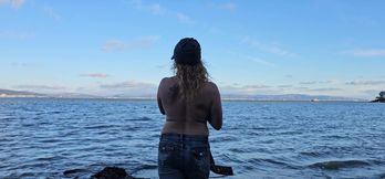A chilly day in Swansea. Topless by the waterfront in the middle of the day
