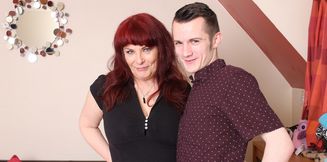 British Housewife Christina polishes a young man's pole with her wet shaved pussy