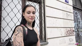 Dirty college slut scores rough straightaway sex with tattooed German dude on public sidewalk